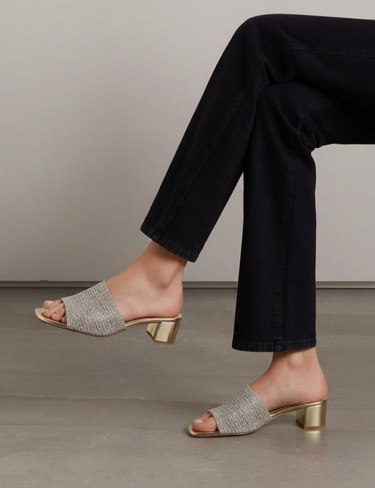 Women's Golden Glitter Block Heel – Sparkly Square Toe Slip-On Evening Slippers