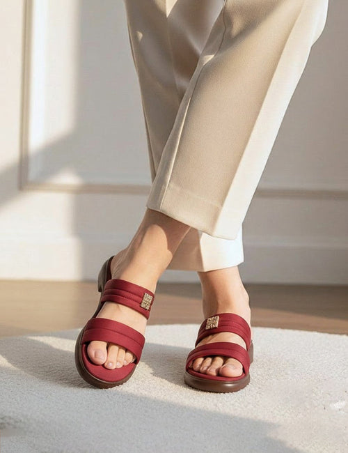 Women’s Maroon Double-Strap Comfort Sliders
