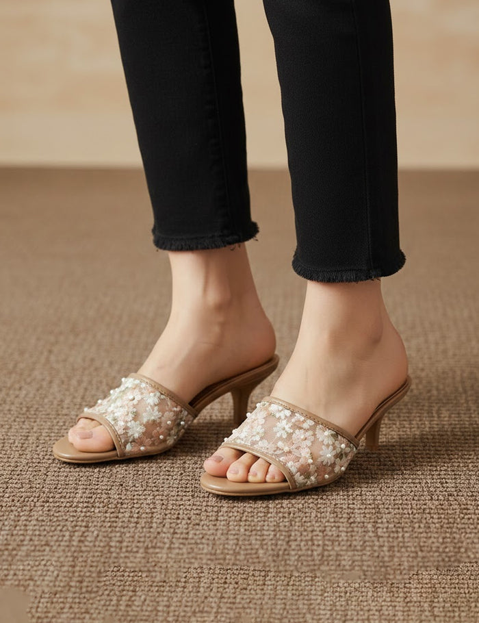 Women’s Mustered Stiletto Slides – Embroidered Daisy Mesh with Pearl Studs