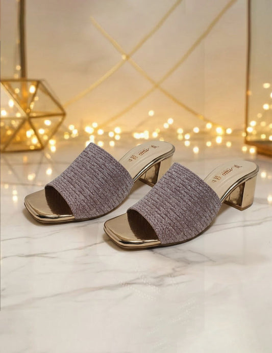 Women's Peach Glitter Block Heel – Sparkly Square Toe Slip-On Evening Slippers
