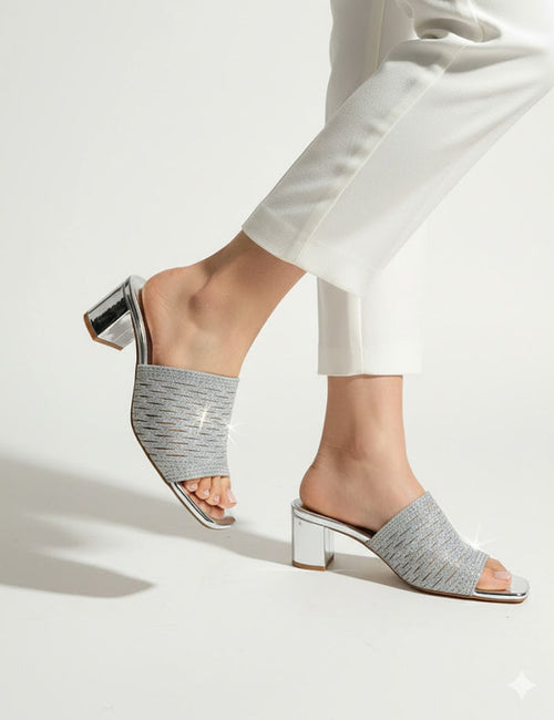 Women's Silver Glitter Block Heel – Sparkly Square Toe Slip-On Evening Slippers