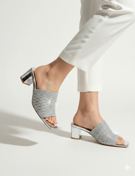 Women's Silver Glitter Block Heel – Sparkly Square Toe Slip-On Evening Slippers