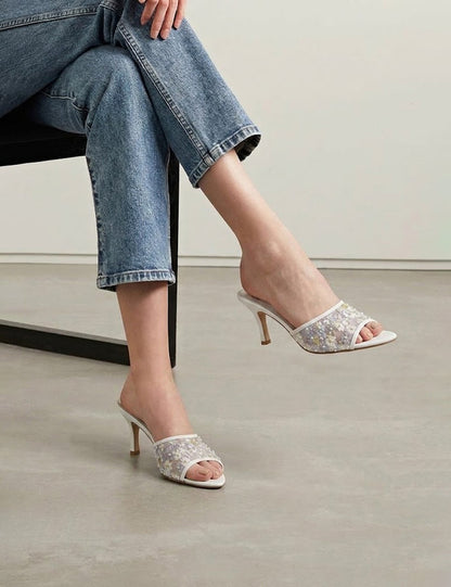 Women’s White Stiletto Slides – Embroidered Daisy Mesh with Pearl Studs