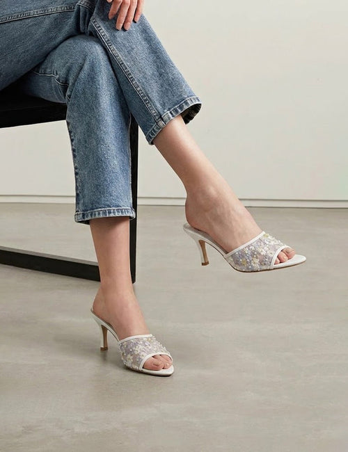 Women’s White Stiletto Slides – Embroidered Daisy Mesh with Pearl Studs