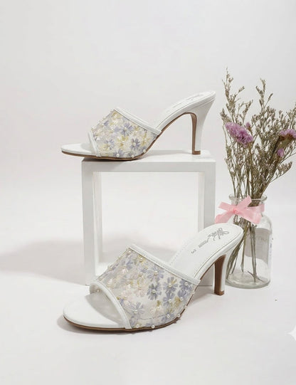 Women’s White Stiletto Slides – Embroidered Daisy Mesh with Pearl Studs