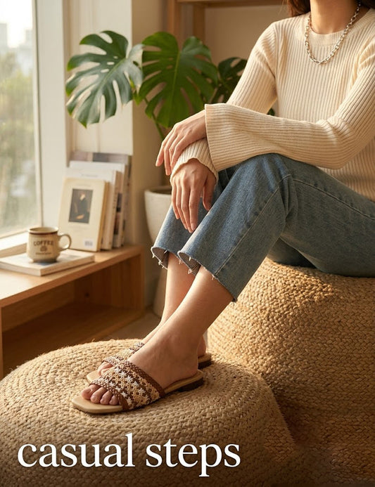 Woven Rattan Slide Sandals – Square Toe Summer Flats in Brown